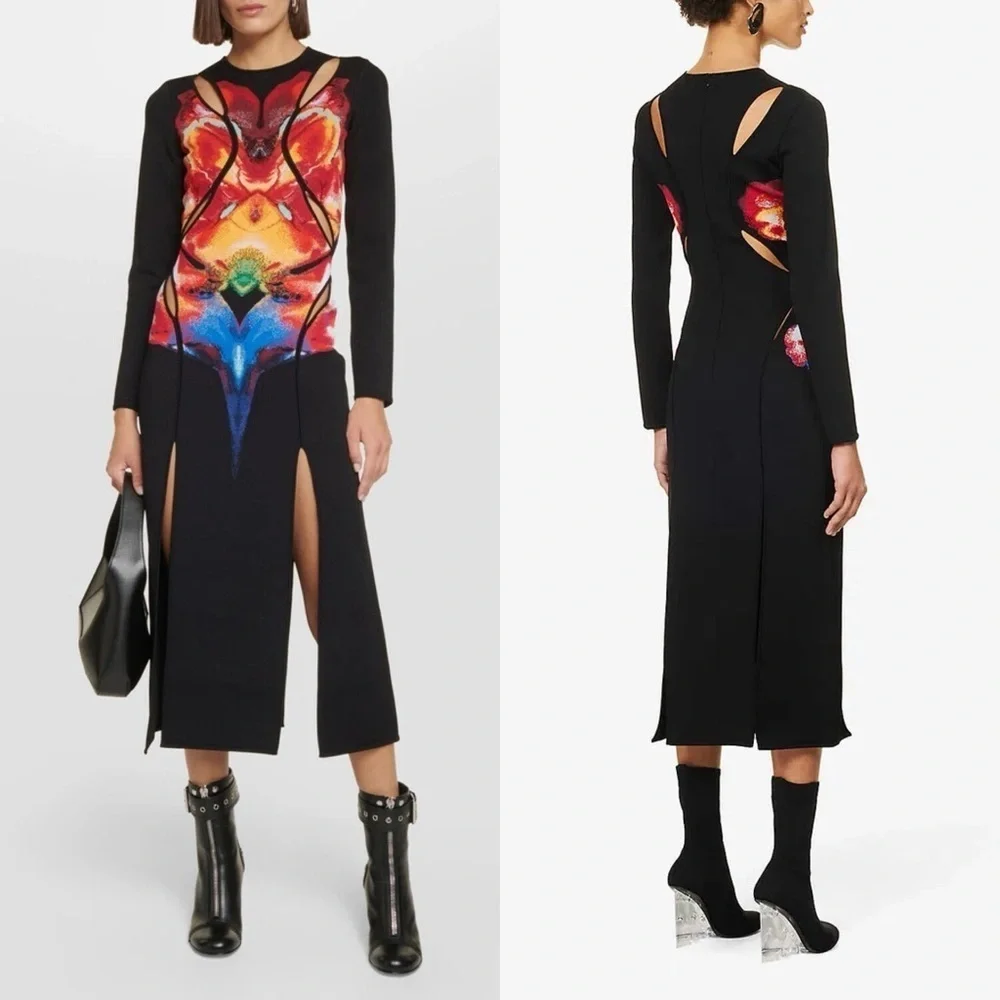 Alexander McQueen Orchid Jacquard Midi Dress Cutouts Medium Black Red Yellow NWT - Picture 13 of 15